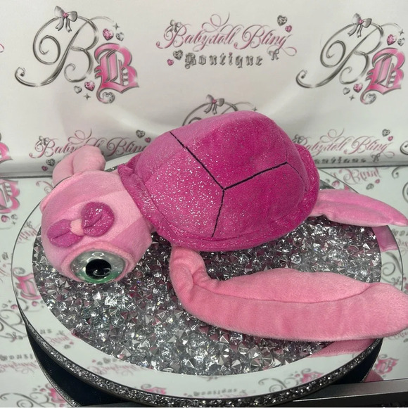 Big eyed pink sea turtle sparkly adorable bow tie on head plush  stuffed toy - Picture 12 of 14